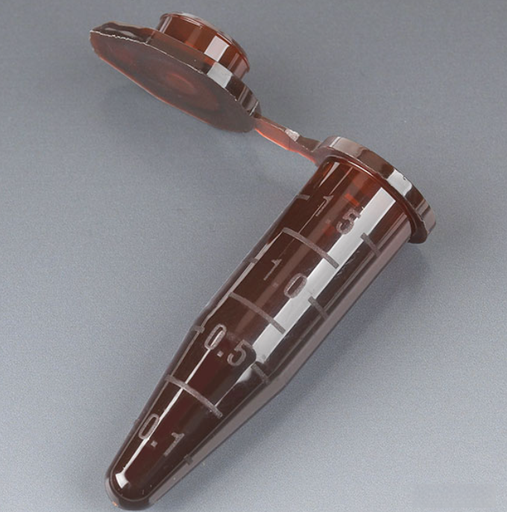 [111564A] Microcentrifuge Tube, 1.5mL, PP, Attached Snap Cap, Graduated, Amber, Certified: Rnase, Dnase and Pyrogen Free, 500/bg