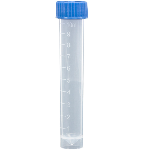 [6102B] Transport Tube, 10mL with Separate Blue Screw Cap, PP, Conical Bottom, Self-Standing, Molded Graduations, 1000/cs