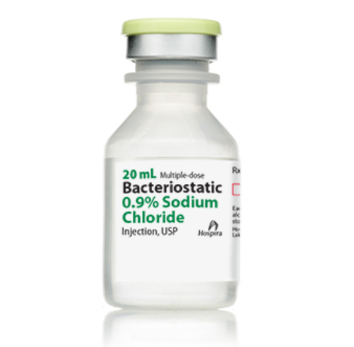 [00409196605] Bacteriostatic 0.9% Sodium Chloride Injection, USP, 20ml Vial, Multiple Dose, Plastic Fliptop Vial, 25/bx