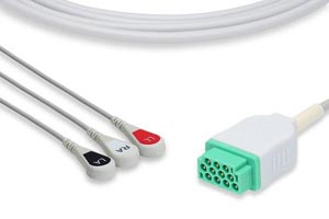 [C2386S0] Direct-Connect ECG Cable, 3 Leads Snap, GE Healthcare > Marquette Compatible w/ OEM: 2001292-001, CB-723006R