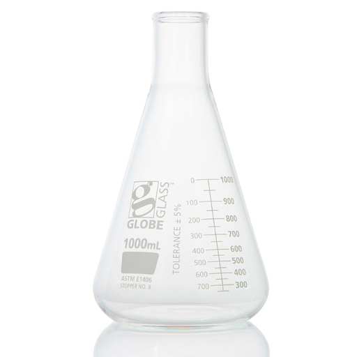 [8431000] Flask, Erlenmeyer, Globe Glass, 1000mL, Heavy Duty, Narrow Mouth, Dual Graduations, ASTM E1406, 1/bx (EA=BX)