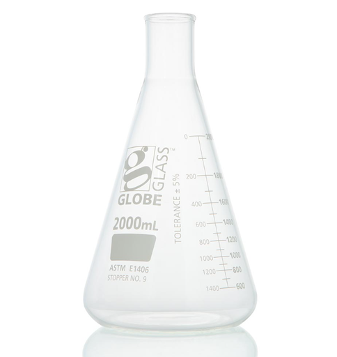 [8432000] Flask, Erlenmeyer, Globe Glass, 2000mL, Heavy Duty, Narrow Mouth, Dual Graduations, ASTM E1406, 1/bx (EA=BX)