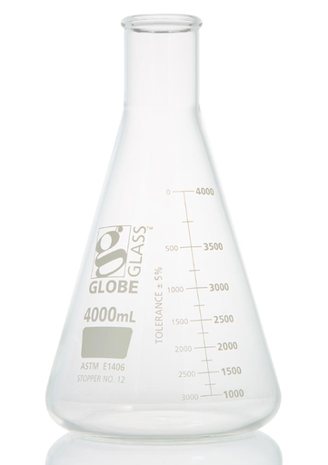 [8434000] Flask, Erlenmeyer, Globe Glass, 4000mL, Heavy Duty, Narrow Mouth, Dual Graduations, ASTM E1406, 1/bx (EA=BX)