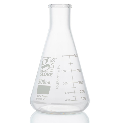 [8430500] Flask, Erlenmeyer, Globe Glass, 500mL, Heavy Duty, Narrow Mouth, Dual Graduations, ASTM E1406, 1/bx (EA=BX)