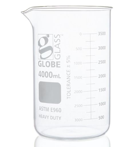 [8024000] Beaker, Globe Glass, 4000mL, Low Form Griffin Style, Heavy Duty, Dual Graduations, ASTM E960, 1/bx (EA=BX)