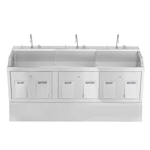 [1339883P00] Lodi Scrub Sink, (3) Place, Pedestal Mounted, Knee Action Control, Soap Dispenser, Infrared Water Control