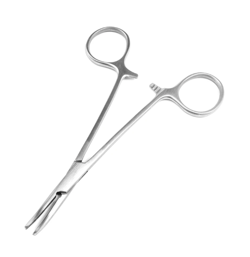 [97-431] Merit Halsted Mosquito Forceps, 5", Curved, Serrated, Finger Ring, Stainless Steel, Reusable, Non-Sterile