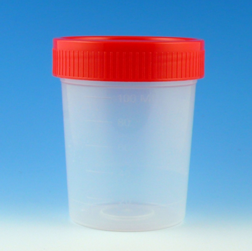 [5914] Specimen Container, 4oz, w/ Separate 1/4-Turn Red Screwcap, Non-Sterile, PP, Graduated, Bulk, 100/cs