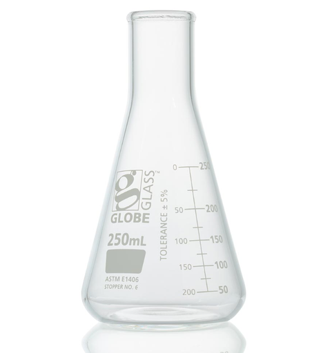 [8430250] Flask, Erlenmeyer, Globe Glass, 250mL, Heavy Duty, Narrow Mouth, Dual Graduations, ASTM E1406, 6/bx