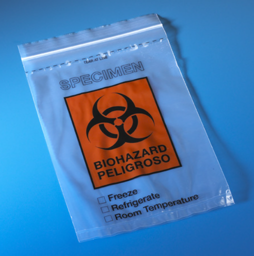 [4920] Biohazard Specimen Transport Bag, 6" x 9", Ziplock w/ Document Pouch and Tearzone, 100/pk, 10pk/cs