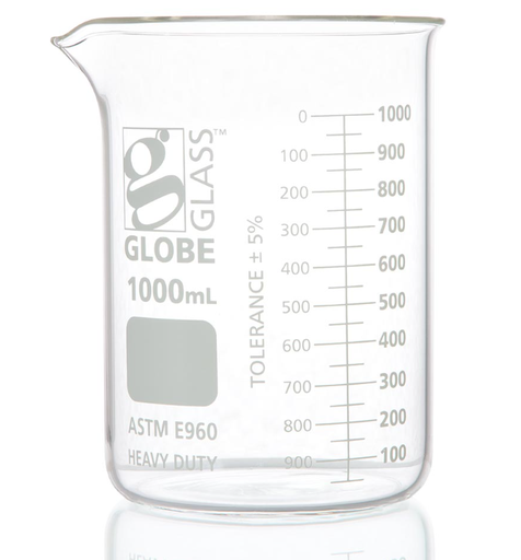 [8021000] Beaker, Globe Glass, 1000mL, Low Form Griffin Style, Heavy Duty, Dual Graduations, ASTM E960, 6/bx