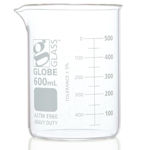 [8020600] Beaker, Globe Glass, 600mL, Low Form Griffin Style, Heavy Duty, Dual Graduations, ASTM E960, 6/bx