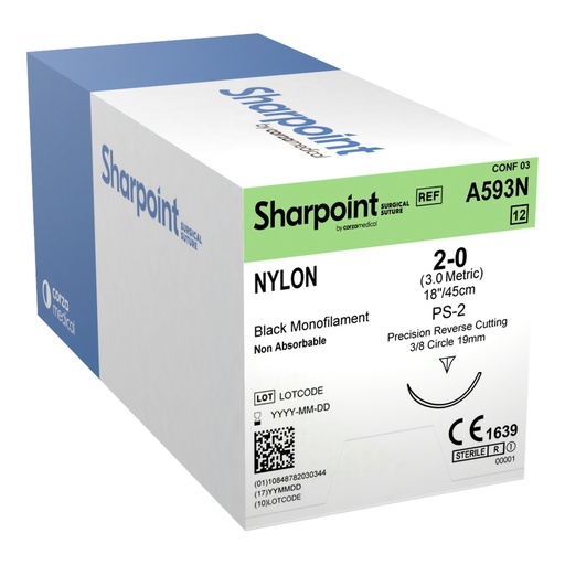 [A593N] Surgical Specialties Sharpoint Plus 2-0 18 inch Nylon Suture with Needle and Black, 12 per Box
