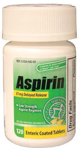 [ASP81120] Aspirin, Adult, Low Dose 81mg, Enteric Coated Tablets, 120/btl, 24 btl/cs, Compare to the Active Ingredient in Bayer® Low Dose