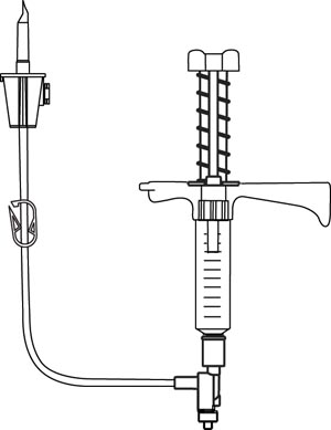 [513506] Fluid Dispensing System, Hand-Held Style, 10cc Luer Lock Syringe, Automatic Spring Return, 2-Way Valve, Syringe Volume Adjusting Device Located Below Handle & 41" Vented Transfer Set, For Reconstitution & Dispensing IV Additives & Unit Dose Fluids, DEHP & Latex Free (LF), 10/cs