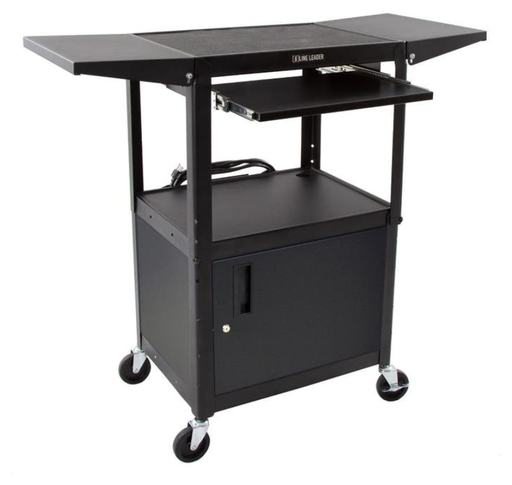 [AVJ42KBCDL] Luxor LEADER Adjustable Height Media Utility Cart w/Pullout Tray, Locking Cabinet, & Drop Leaf Shelves, 24" W x 18" D, Black