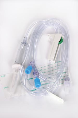 [351559] Universal Spike, Slide Clamp, Backcheck Valve, Low Profile SAFSITE Valve Injection Sites 88" & 12" Above Distal End, Roller Clamp, SPIN-LOCK Connector, DEHP & Latex Free (LF), 19.4mL Priming Volume, 106"L, 50/cs (Rx)