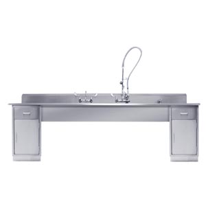 [162DSBC001] Decontamination Station 116"W x 26 1/2""D, (8") Backsplash, (3) 25"W x 18"H X 10"D Bowls, (1) Waste Lever Drain w/ Overflow, Marine Edge, Bowls Etched w/Gallon & Liter Measures