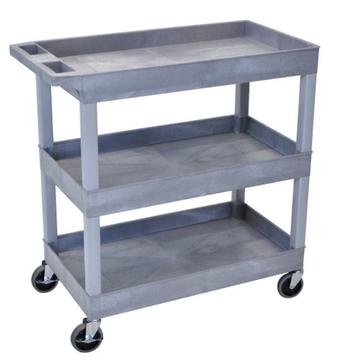 [EC111-G] Luxor TUFFY XL 3-Shelf Multi-Purpose Utility Cart, 32" x 18", Gray, Tub Shelves