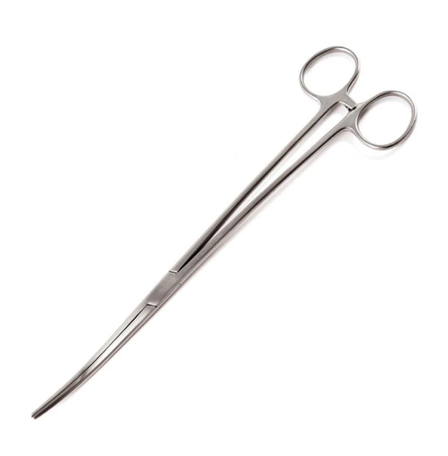 [98-374] Merit Bozeman Uterine Dressing Forceps, 10 1/4", Blunt, Double 'S'Curved, Horizontally Serrated, Finger Rings with Ratchet, Stainless Steel, Reusable, Non-Sterile