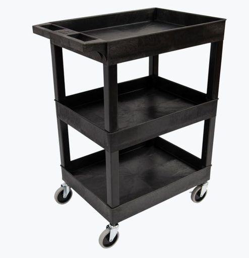 [SEC111-B] Luxor TUFFY 34" 3-Shelf Multi Purpose Utility Cart, 24" W x 18" D, Black, Tub Shelves