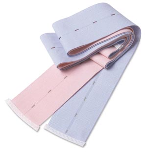 [40000007-] Buttonhole Abdominal Belt, Knit Elastic, 2 3/8" x 48", Holes Every 1¼", Finished Ends, 1 Pink & 1 Blue Belt Per Set, Latex Free (LF), 100 sets/cs (45 cs/plt)