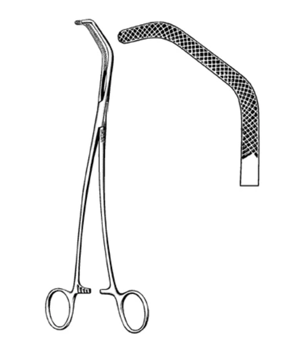 [52-1595] Satinsky Vena Cava Clamp, 9-1/2in, Hemostatic Forceps, Angled, Serrated, Stainless Steel, Reusable, Non-Sterile, Latex-Free, Premium OR-Grade