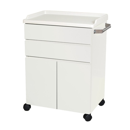 [6214] Mobile Treatment Cabinet, 6214 with Two Heavy Duty Steel, Easy to Clean Full-Extension Drawers & Two Doors Stainless Steel Push Handle, Kydex Work Surface with No-Spill Edges, Four 2.38” Twin Wheel Casters, Quiet White