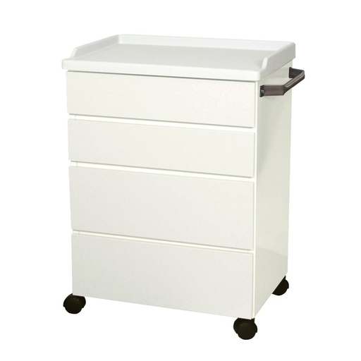 [6204] Mobile Treatment Cabinet, 6204 with Four All Steel Easy to Clean Full-Extension Drawers, Stainless Steel Push Handle, Kydex Work Surface with No-Spill Edges, Four 2.38” Twin Wheel Casters, Quiet White
