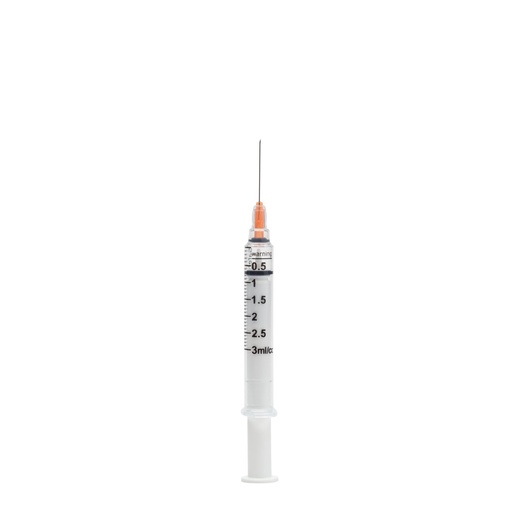 [SS3ML25G101] Safety Syringe with Needle, 3 mL, 25G x 1", Sterile, Orange, 100/bx