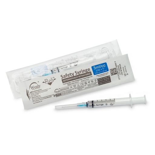 [SS3ML23G101] Safety Syringe with Needle, 3 mL, 23G x 1", Sterile, Deep Blue, 100/bx