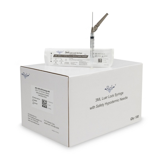 [SHN22G151-S3ML-LDS] Safety Hypodermic Needle with 3mL Syringe, 22G x 1-1/2", Low Dead Space, 100/bx