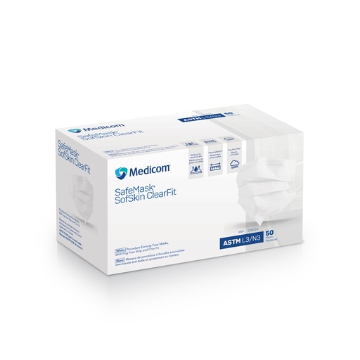 [220014] Earloop Mask, Sofskin ClearFit, Fog-Free Strip + Adjustable Chin & Nose Piece, ASTM Level 3, White, 50/bx, 10 bx/cs