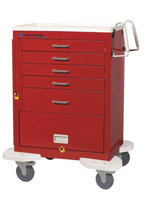 [C-527-PB-1R] Cart, 5 Drawer, 9" Panel, Drawer Configuration: 3", 6", Breakaway Lock, 42¾"H x 25"D x 32"W, Solid Red