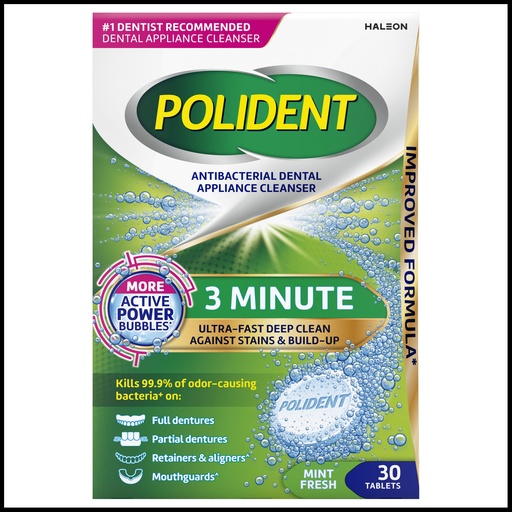 [60000000209005] Polident® 3-Minute Antibacterial Dental Appliance Cleanser. 30 tablets/bx, 3 bx/pk, 4 pks/cs.