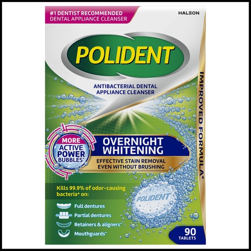[60000000208960] Polident® Overnight Whitening Antibacterial Dental Appliance Cleanser. 90 tablets/bx, 3 bx/pk, 2 pks/cs.