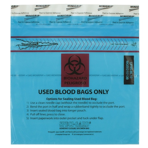 [UF95-BL10] Disposal Bag for Used IV Blood Bags, 3-Wall, Adhesive, Clear, 10 x 10, 100/pk, 10 pk/cs