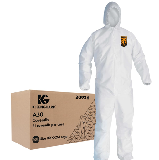 [30936] KleenGuard A30 Coveralls w/Hood, 5XL, White, 21/cs