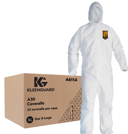 [46114] KleenGuard A30 Coveralls w/Hood, XL, White, 25/cs