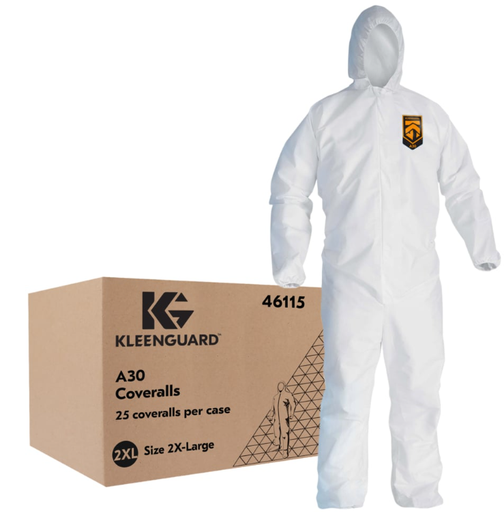 [46115] KleenGuard A30 Coveralls w/Hood, 2XL, White, 25/cs
