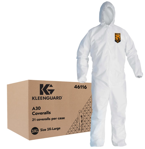 [46116] KleenGuard A30 Coveralls w/Hood, 3XL, White, 21/cs
