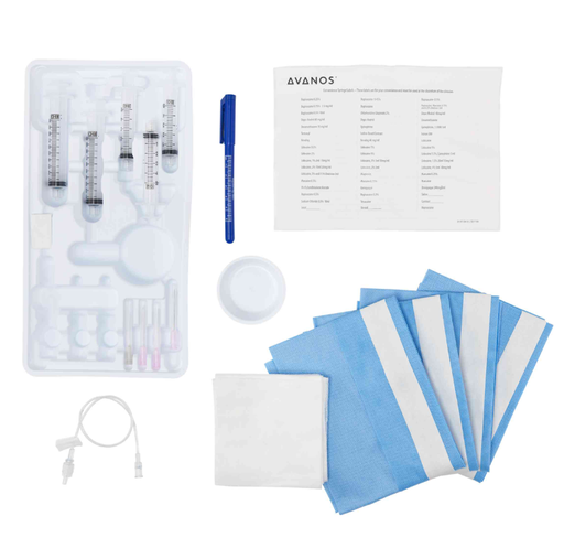 [181A379] Universal Block Tray Contents: Contains No Drugs - 18g Hypo, 25g Hypo, 3cc Syringe, 5cc Syringe, 10cc Syringe, 3x3 Gauze Pads, 28"x21" Square Fenestrated Blue Drape, 17"x19" White Towel, 12" Minibore Extension Set, Blue Skin Marker, 7cc Plastic L/S LOR, 10/cs