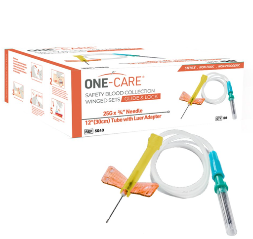 [5040] GLIDE & LOCK Safety Blood Collection Wing Sets, 25G x 3/4", Orange, Luer Adapter, 12'' Tube, 50/bx