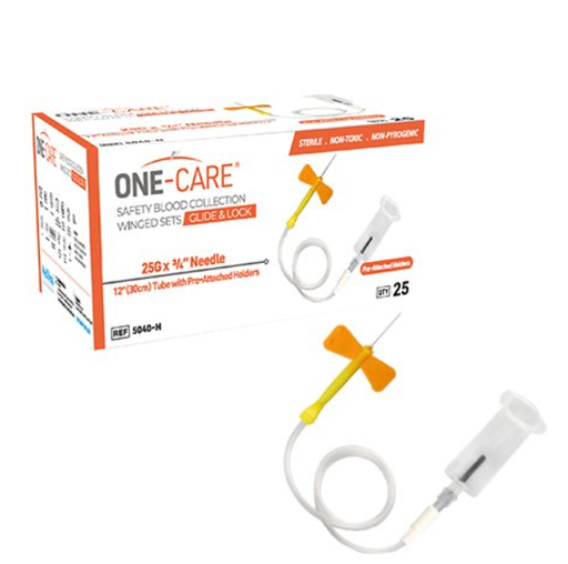 [5040-H] GLIDE & LOCK Safety Blood Collection Wing Sets, 25G x ¾’’, Orange, 12" Tube, Pre-Attached Holder, 25/bx