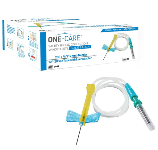 [5042-H] GLIDE & LOCK Safety Blood Collection Wing Sets, 23G x ¾’’, Blue, 12" Tube, Pre-Attached Holder, 25/bx