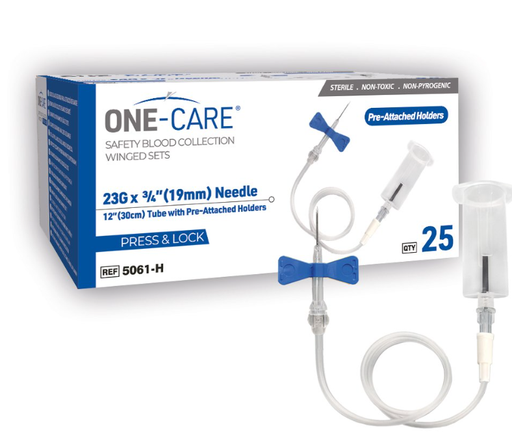 [5061-H] PRESS & LOCK Safety Blood Collection Wing Sets, 23G x ¾’’, Blue, 12" Tube, Pre-Attached Holder, 25/bx