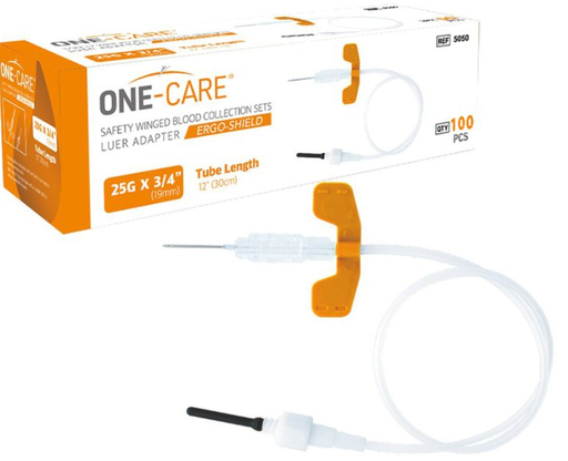 [5050] ERGO-SHIELD Safety Blood Collection Winged Sets, 25G x ¾’’, Luer Adapter, 12" Tube, 100/bx