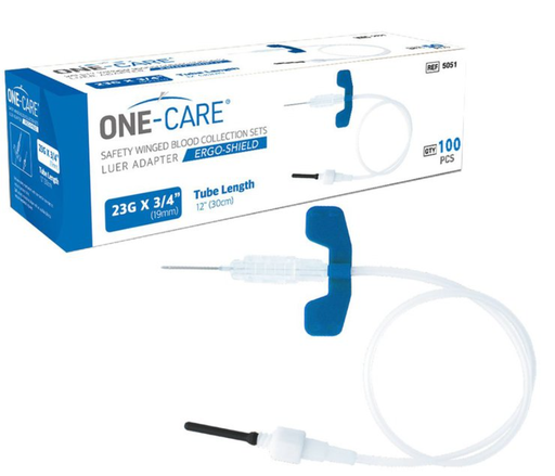 [5051] ERGO-SHIELD Safety Blood Collection Winged Sets, 23G x ¾’’, Blue, Luer Adapter, 12'' Tube, 100/bx