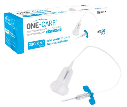 [5051-H] ERGO-SHIELD Safety Blood Collection Winged Sets, 23G x ¾’’, Blue, Pre-attached Holder, 12" Tube, 50/bx