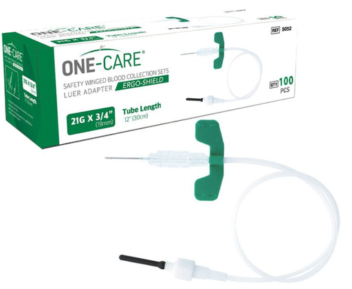 [5052] ERGO-SHIELD Safety Blood Collection Winged Sets, 21G x ¾’’, Green, Luer Adapter, 12" Tube, 100/bx